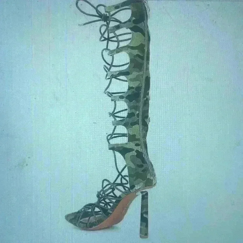 GIANNI BINI RYDELLE SUEDE CAMP PRINT TALL ANKLE WRAP LACE UP DRESS SANDALS - Picture 3 of 8